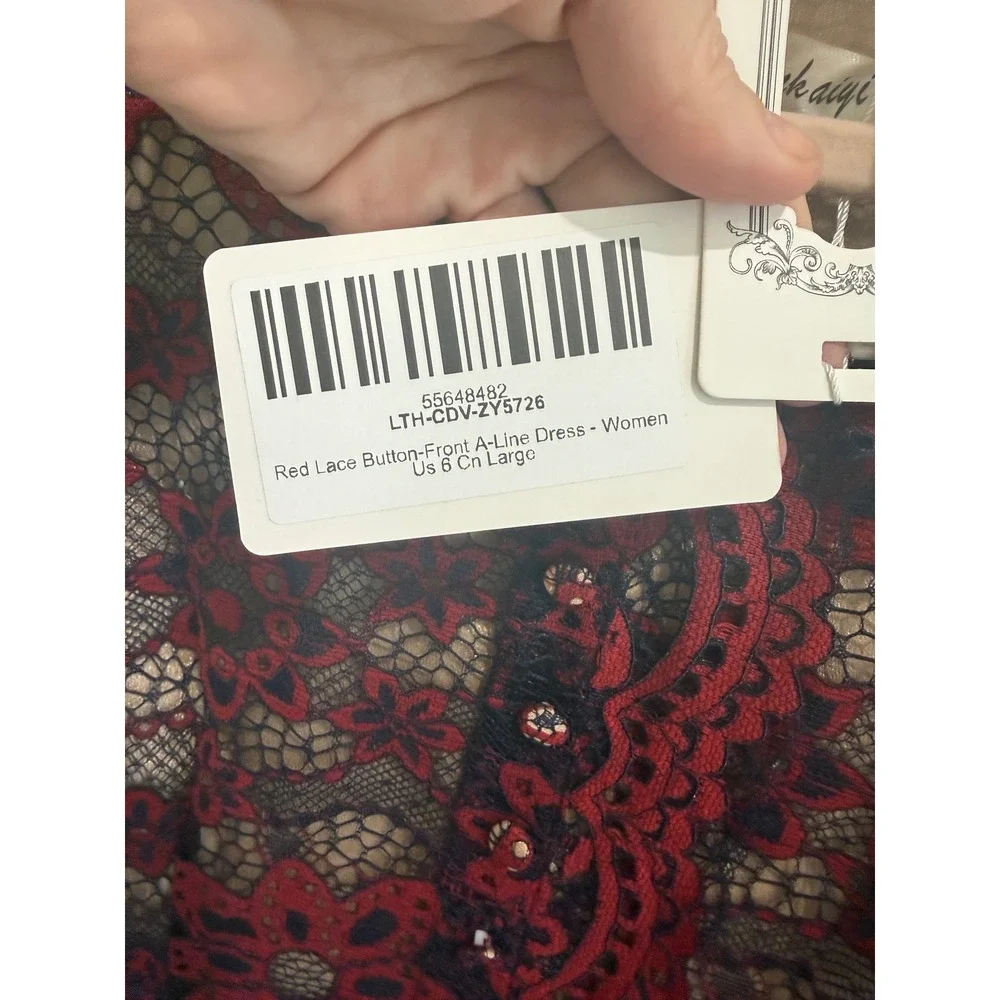 Xingchenkaiyi Red Navy Floral Lace A Line Midi Dress Long Sleeve US‎ 6  L